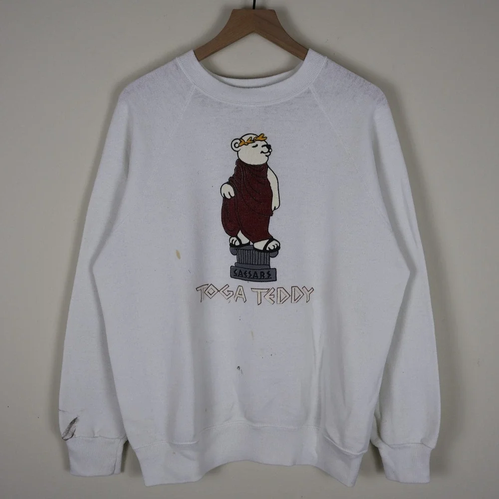 Vintage Caesars Toga Teddy Puff Print Sweatshirt Distressed‎ White XL 23.5x27
